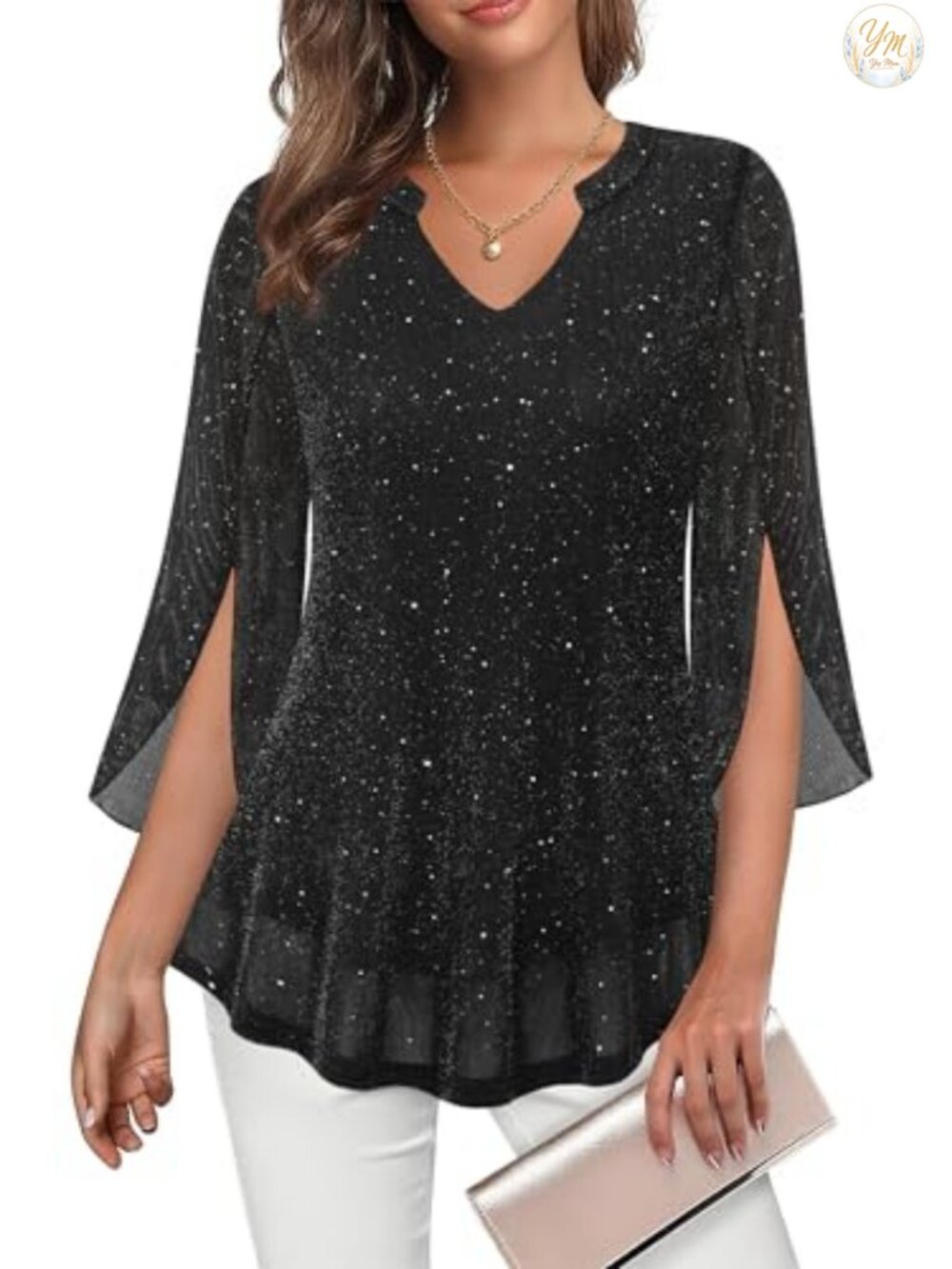 Womens Sparkly Sequin V Neck Ruffle Sleeve Blouse Dressy Casual Tunic Top